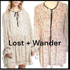 Lost + Wander Cream/Pink Mini Floral Long Sleeve Tie Cuff Drop Waist Dress (S)
